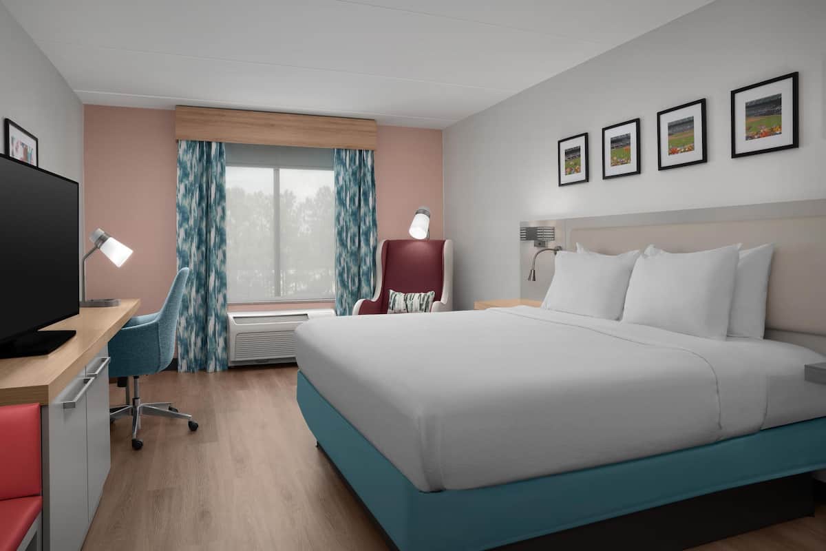A hotel room with a bed, desk, chair, TV, and framed pictures on the wall.