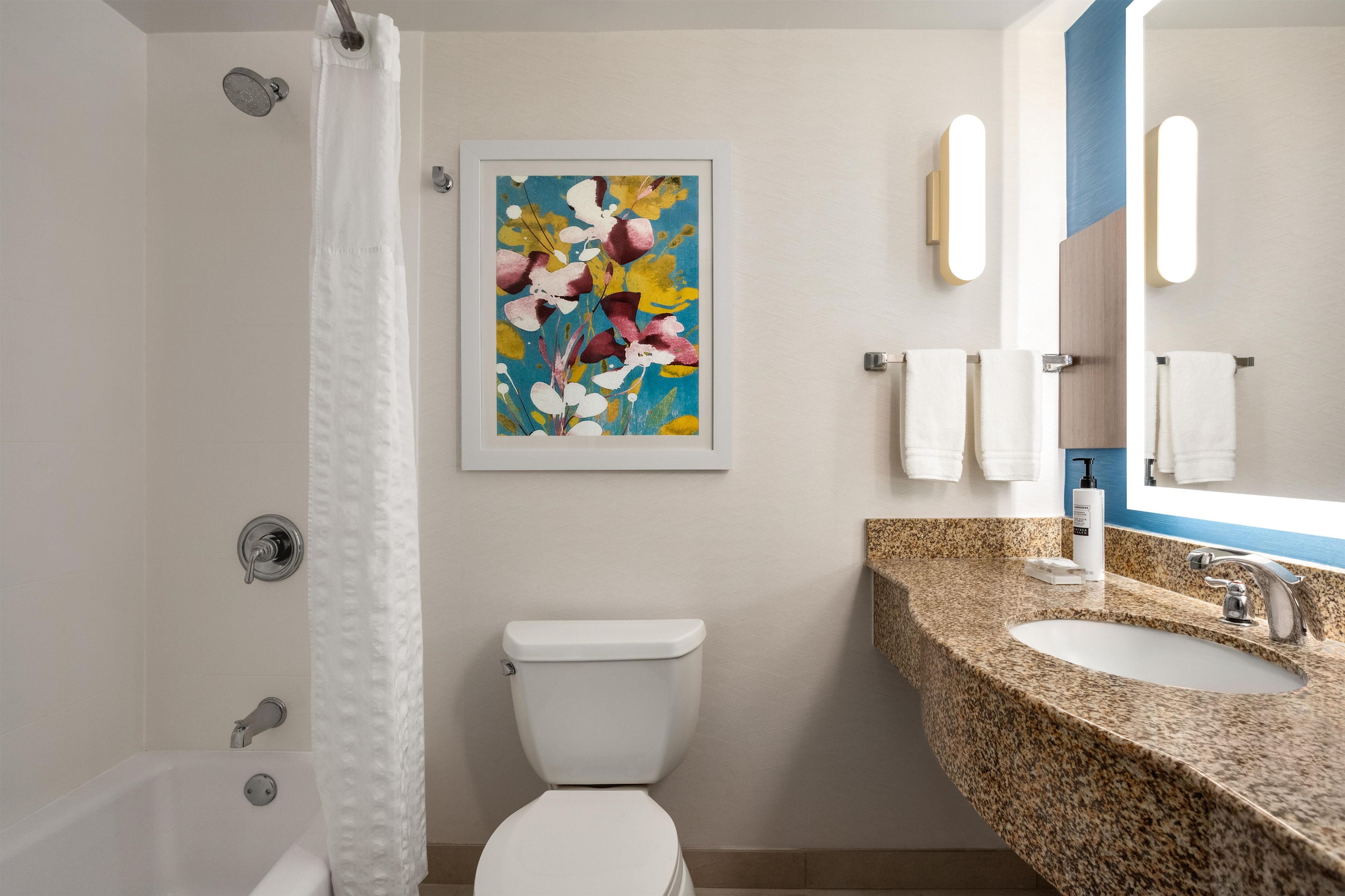 A bathroom with a shower, toilet, sink, and a framed painting on the wall.