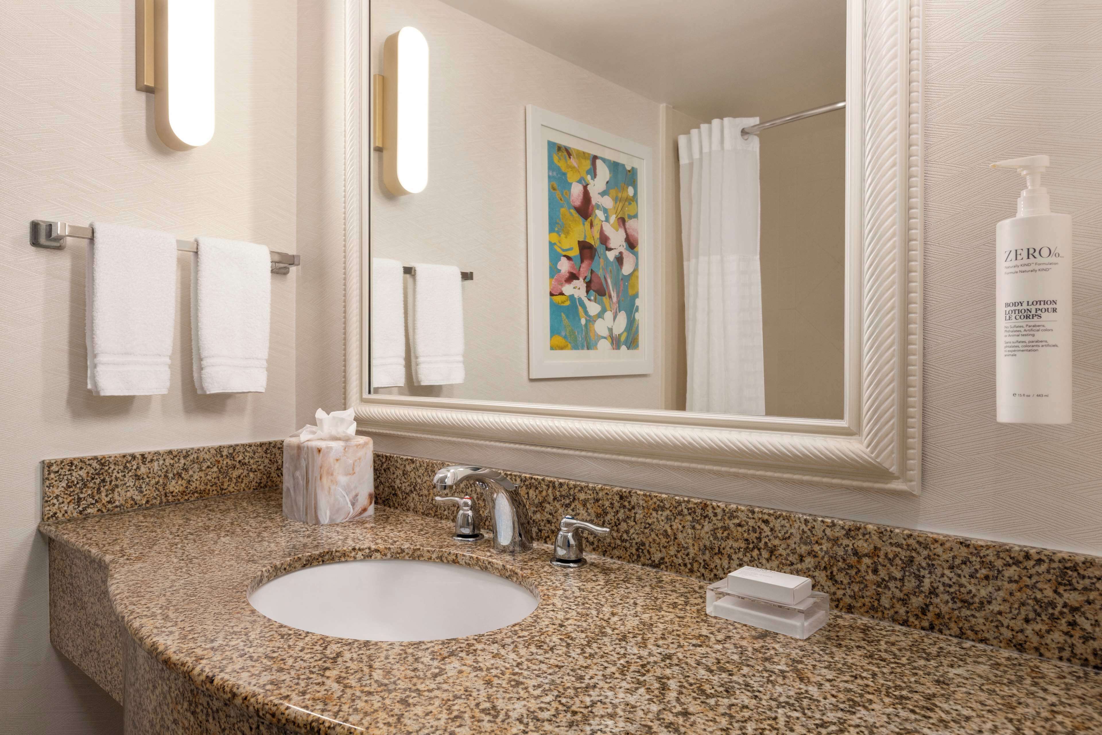 eco-friendly toiletries, hair dryer, towels, soap