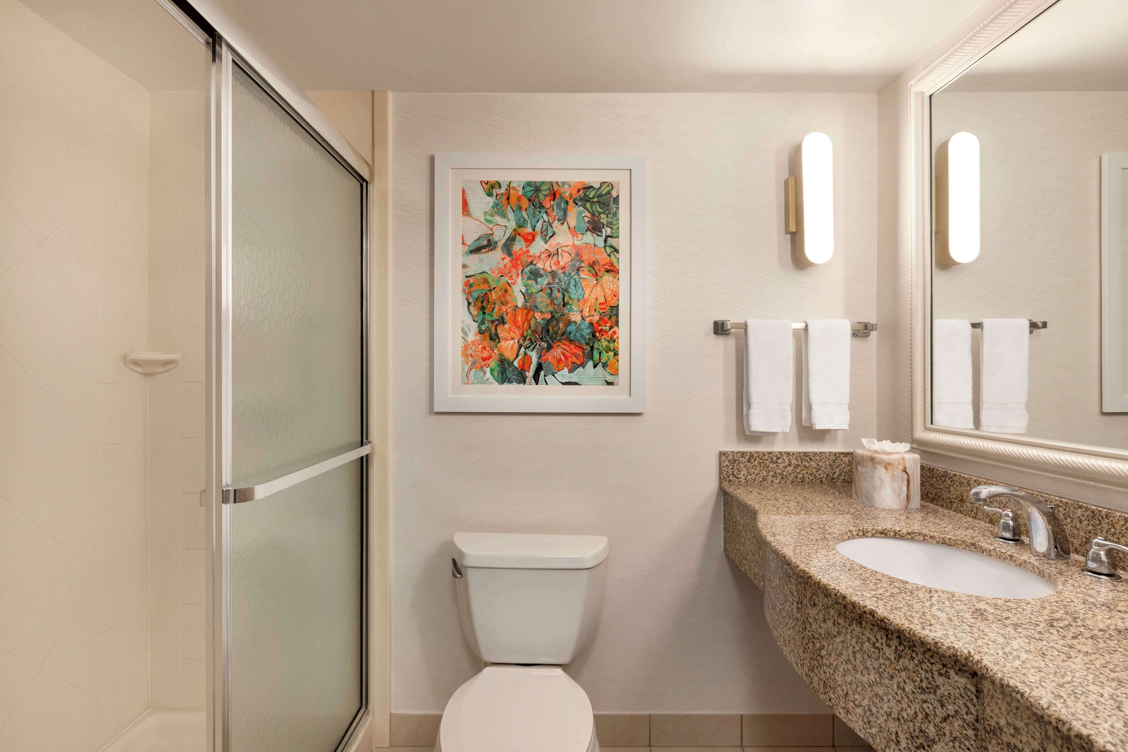 1 king bed | bathroom | eco-friendly toiletries, hair dryer, towels, soap