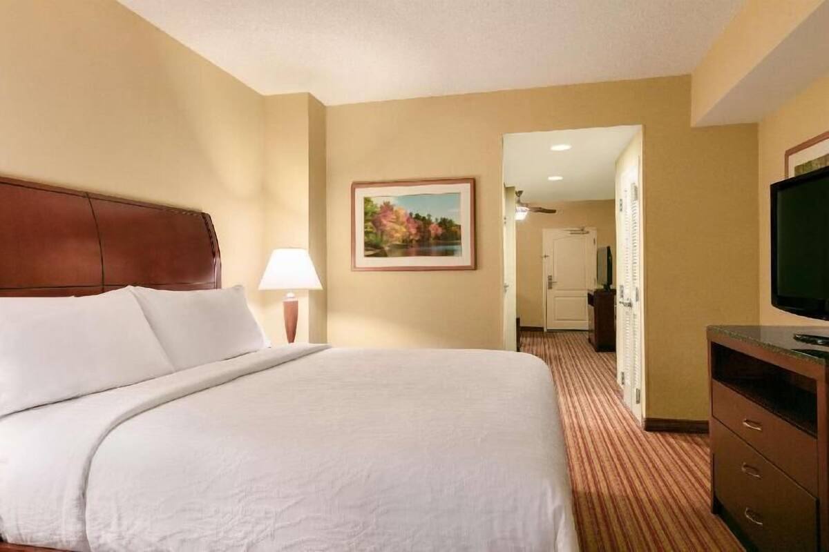 Een hotelkamer met een bed, een televisie, een schilderij en een deur naar een badkamer.