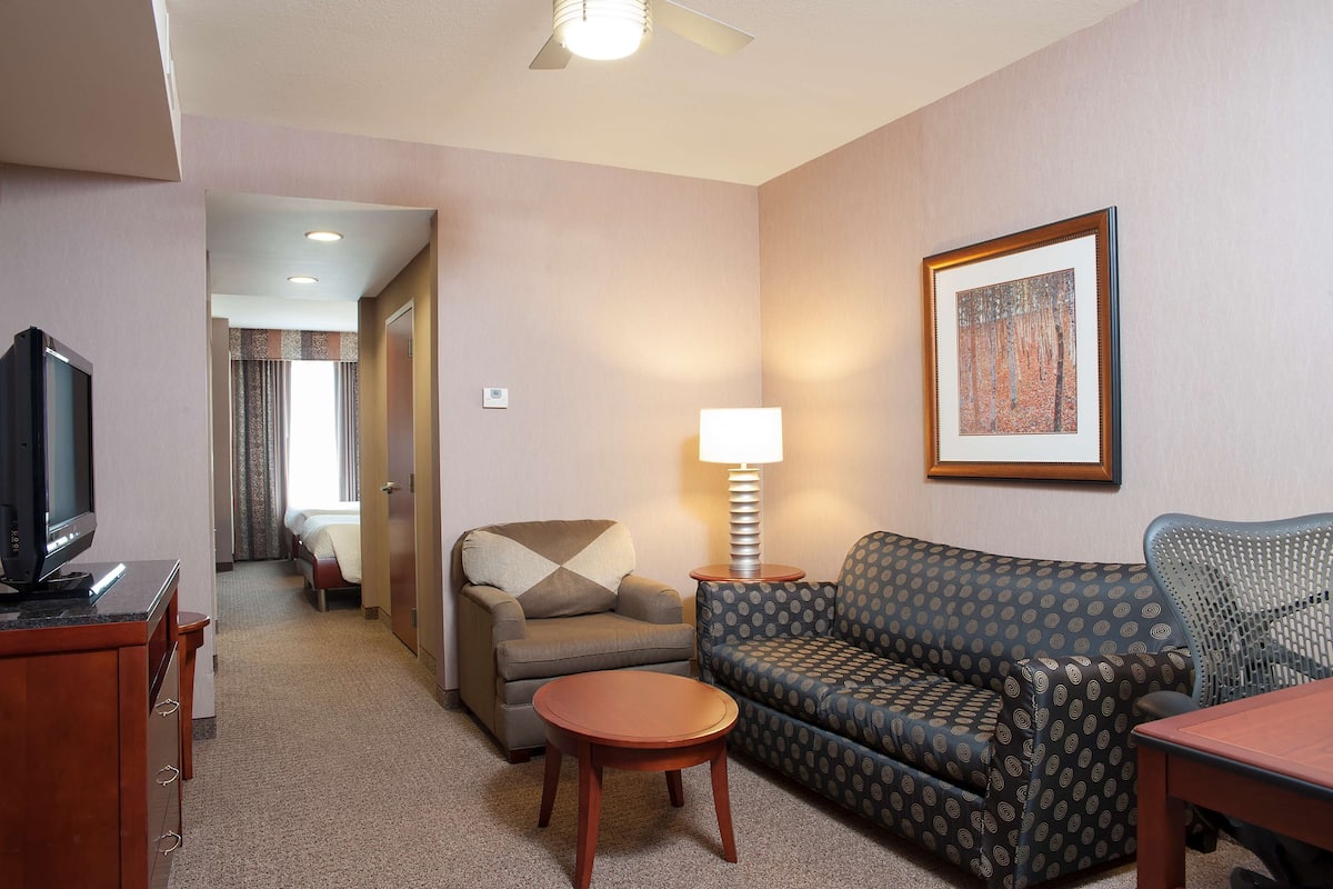Ein Hotelzimmer mit Sofa, Sessel, kleinem Tisch, Lampe, Fernseher und einem gerahmten Bild an der Wand.
