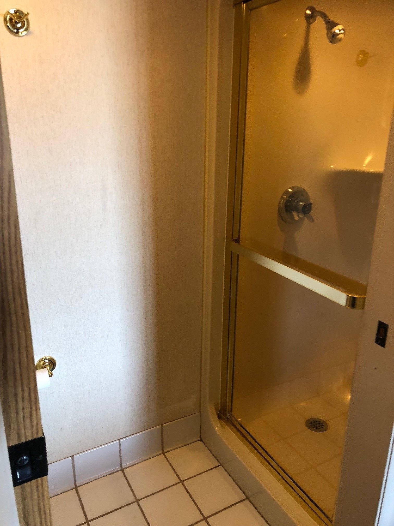 deluxe room, 2 queen beds, refrigerator | bathroom shower