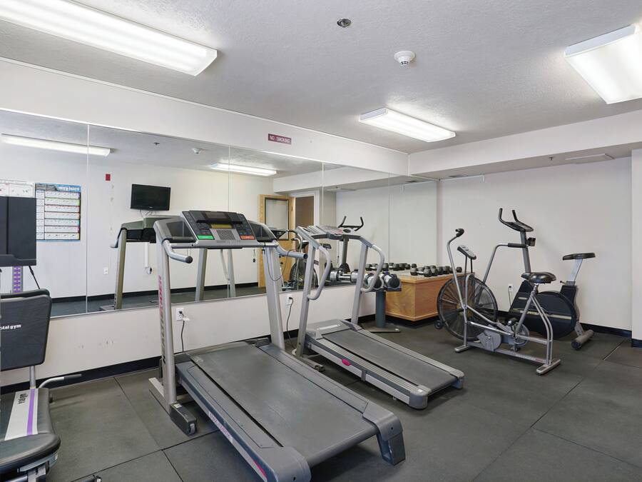 A gym with treadmills, elliptical machines, and a stationary bike.