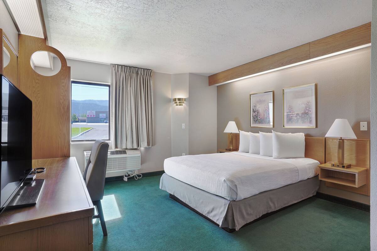 A hotel room with a bed, desk, chair, lamps, and a TV.