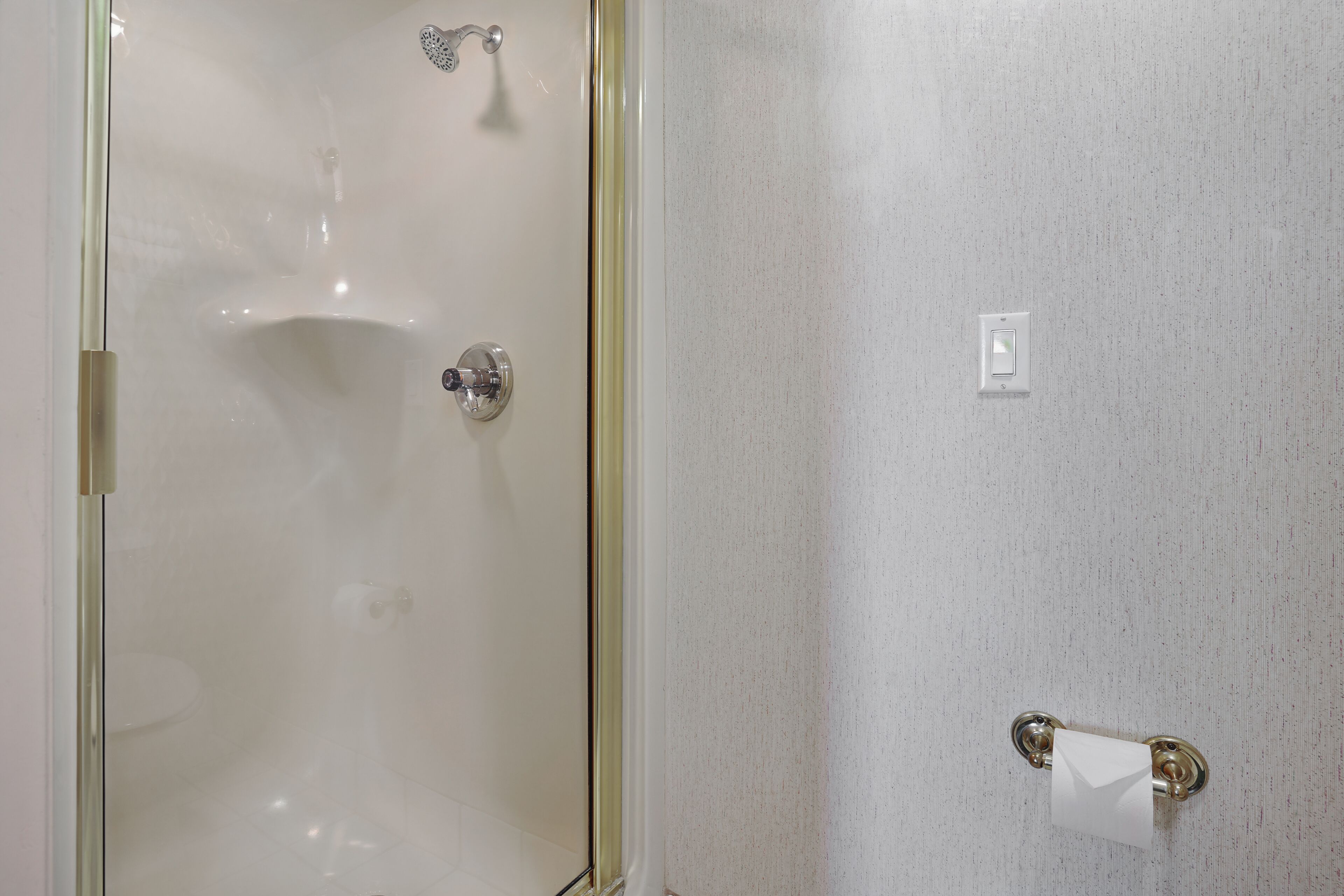 A bathroom with a glass shower enclosure, a toilet paper holder, and a light switch on the wall.