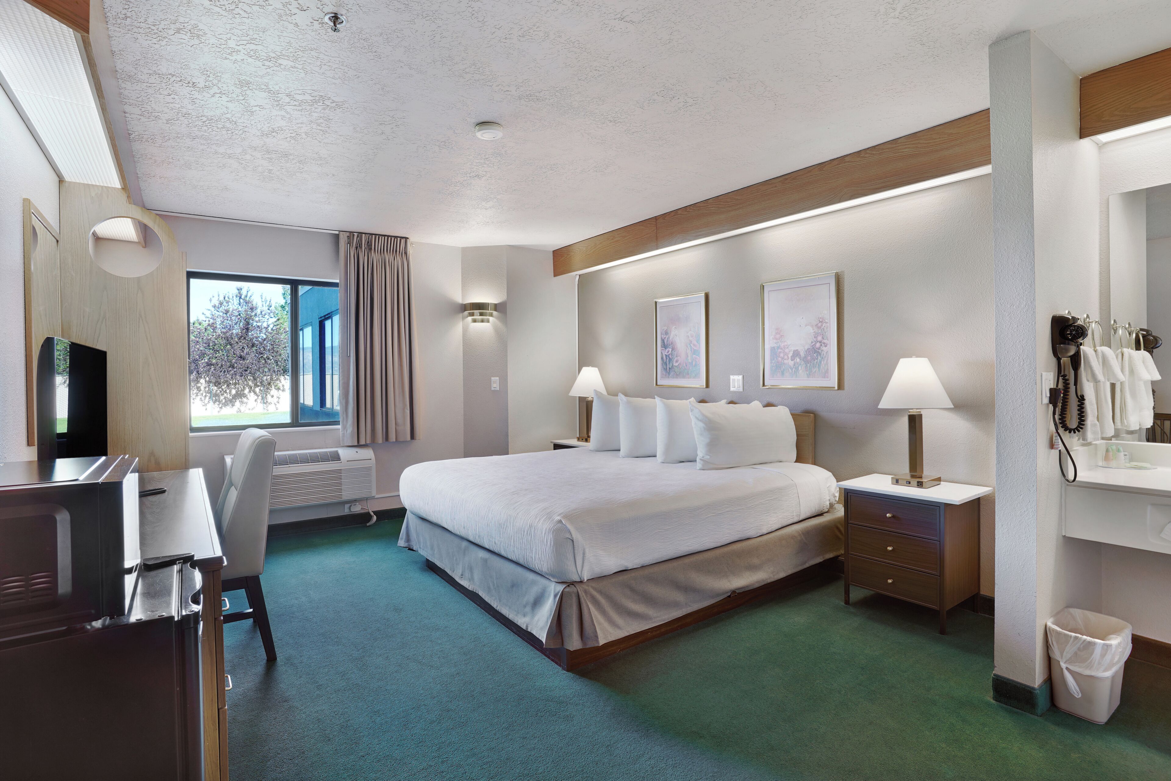 A hotel room with a bed, desk, chair, bedside lamps, a TV, and a view of the outdoors.