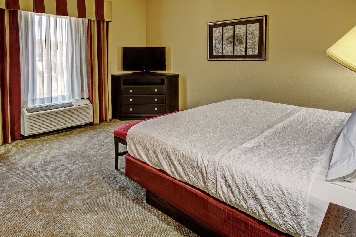 A hotel room with a bed, a dresser, a television, a window with curtains, and a radiator.