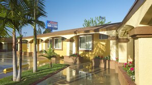 A motel with a clear driveway, palm trees, and flower beds. - American Inn (Downey)