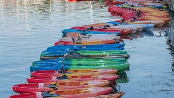 Una hilera de kayaks de colores alineados a lo largo de una orilla, con casas y barcos al fondo.