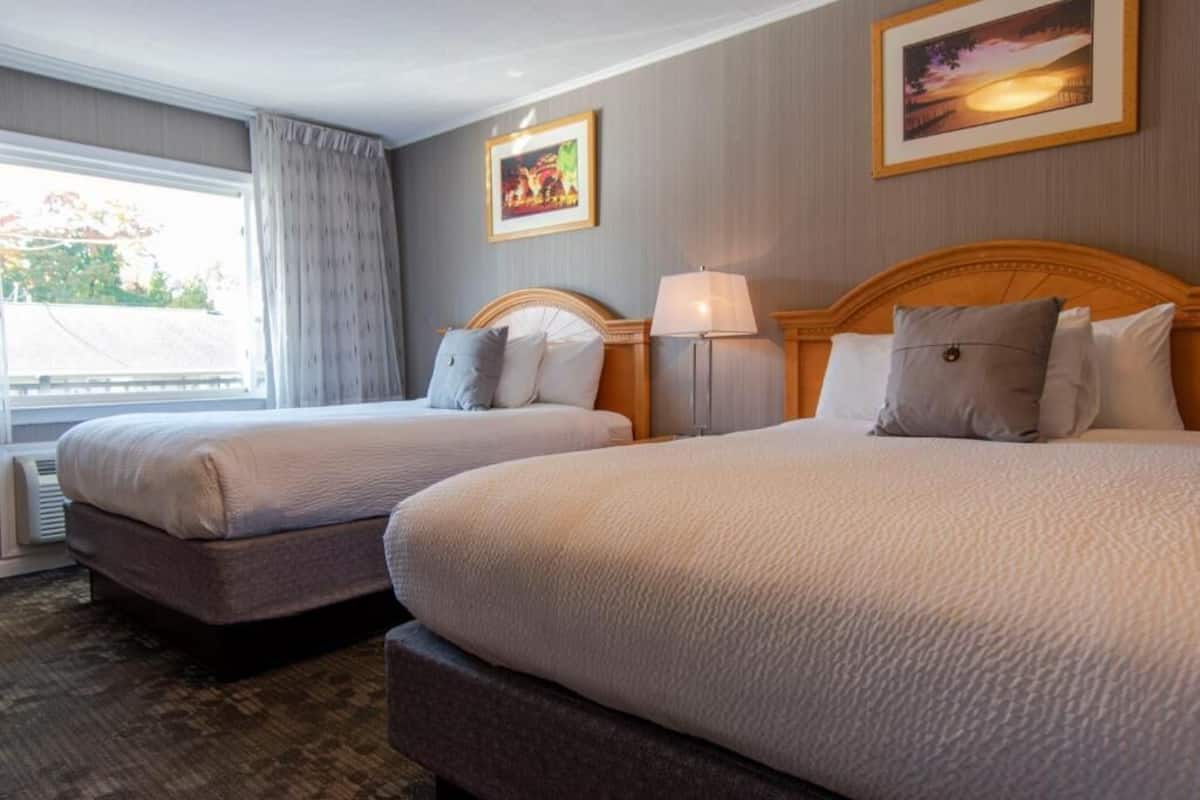 A hotel room with two beds, a window with curtains, a lamp, and two framed pictures on the wall.