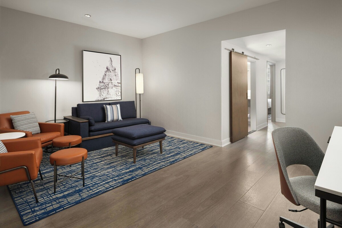 A modern living room with a sofa, ottoman, and chairs, a coffee table, and a rug.