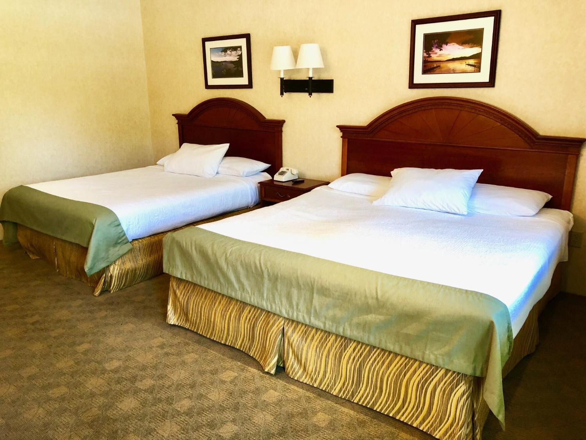 Two single beds with wooden headboards, a nightstand with a phone, and two wall-mounted lamps.