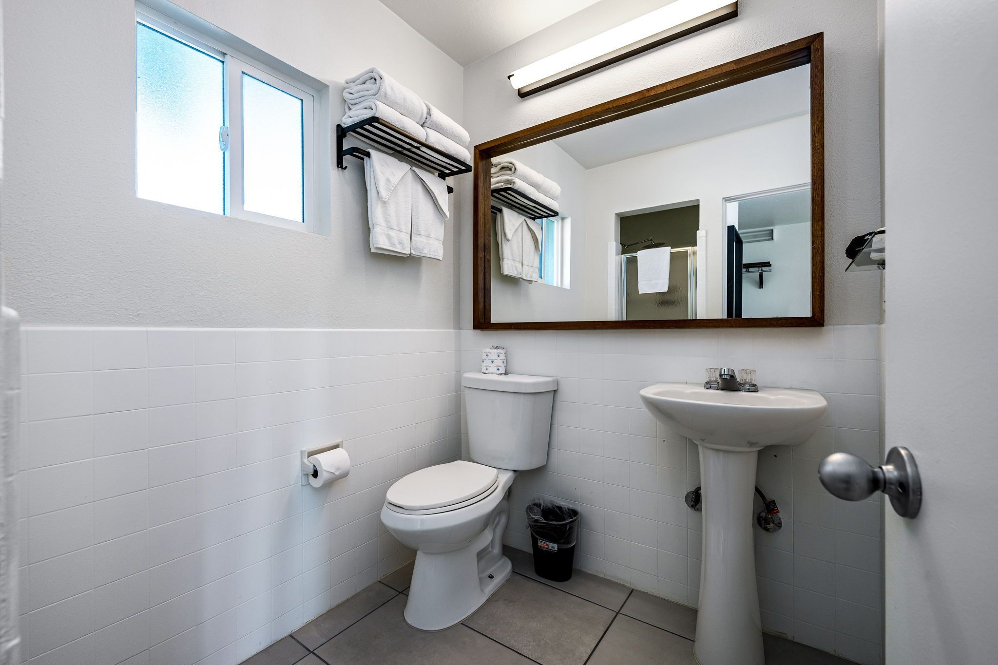 vintage modern single king | bathroom | shower, hair dryer, bathrobes, towels