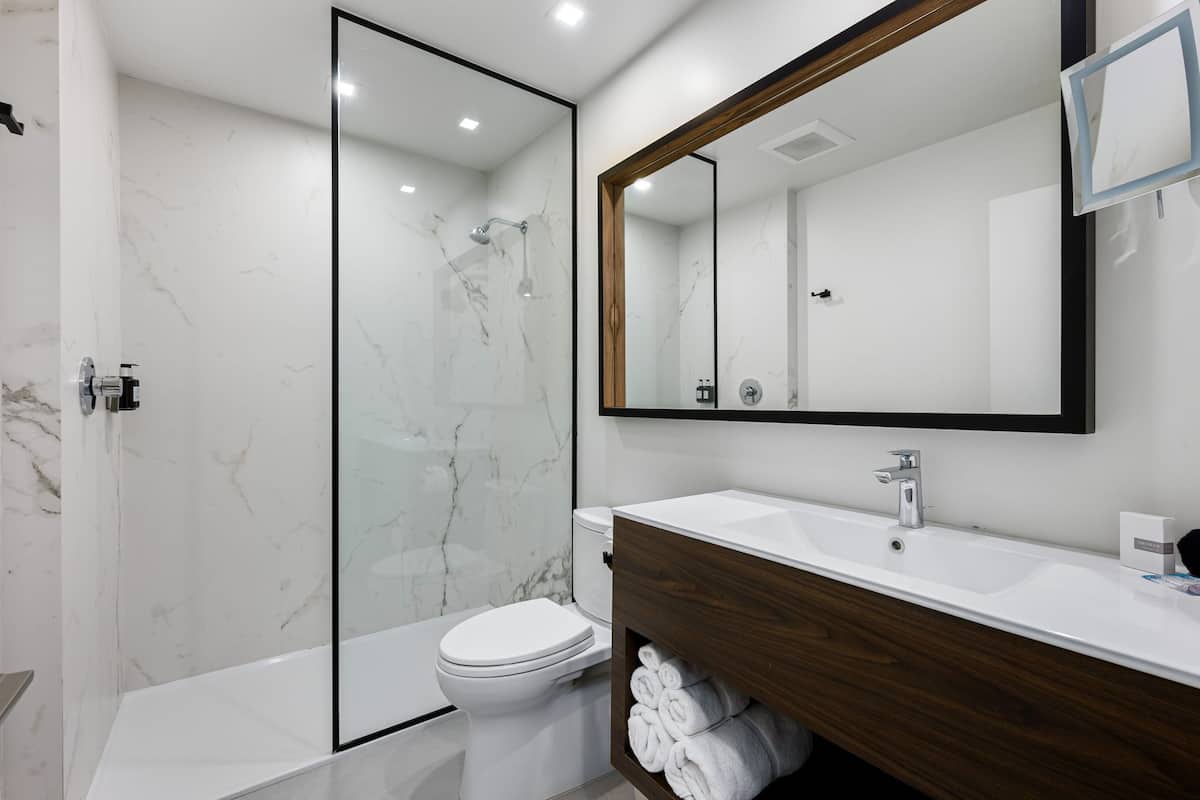 deluxe single king | bathroom | shower, hair dryer, bathrobes, towels