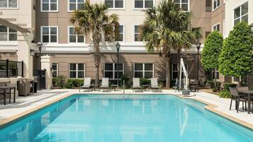 Outdoor pool, pool umbrellas, pool loungers