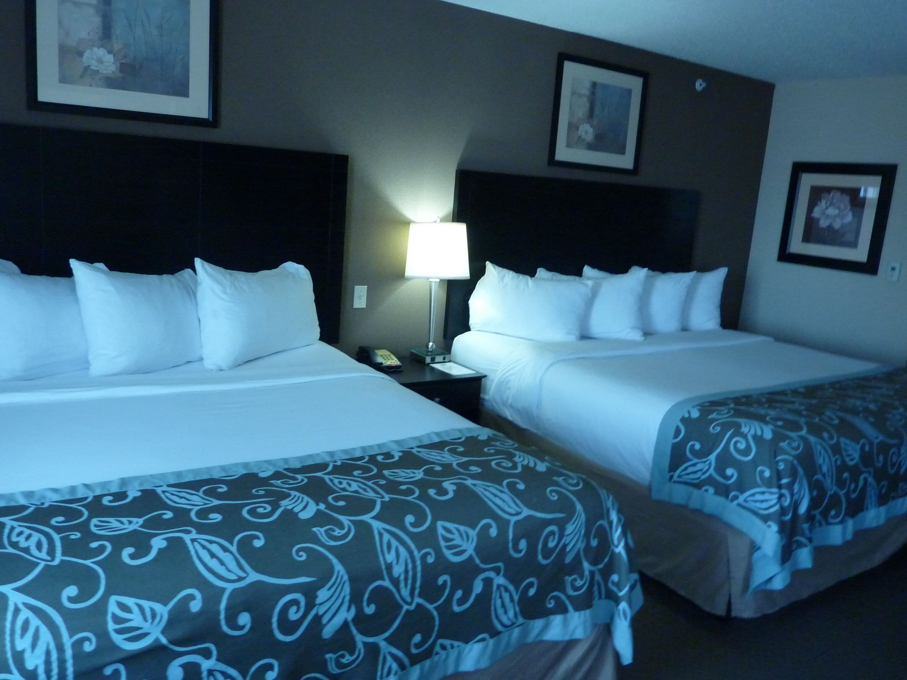 desk, laptop workspace, iron/ironing board, rollaway beds