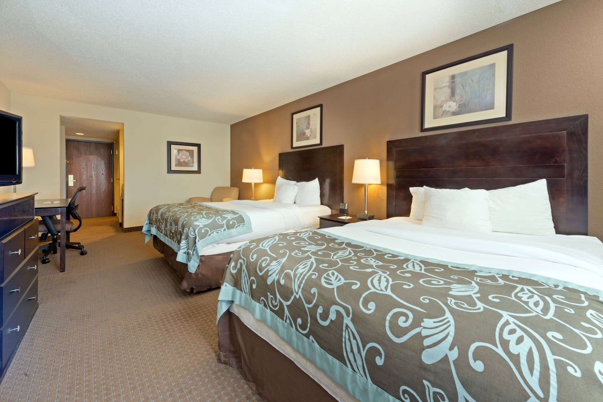 Une chambre d’hôtel avec deux lits, un bureau, une chaise et un téléviseur.