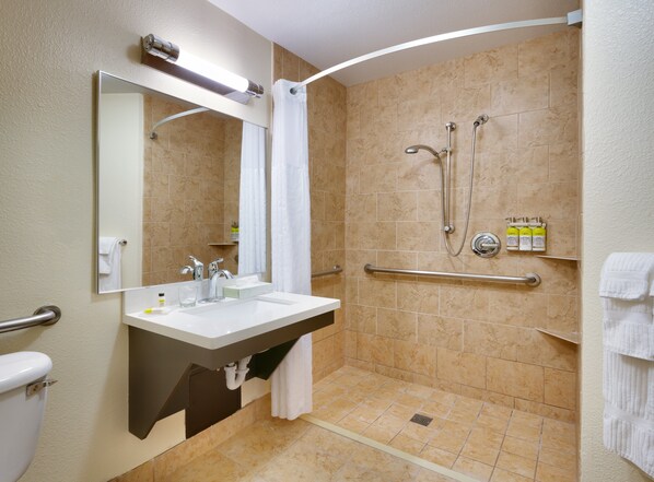 Baño con lavamanos, espejo, ducha y barras de apoyo.