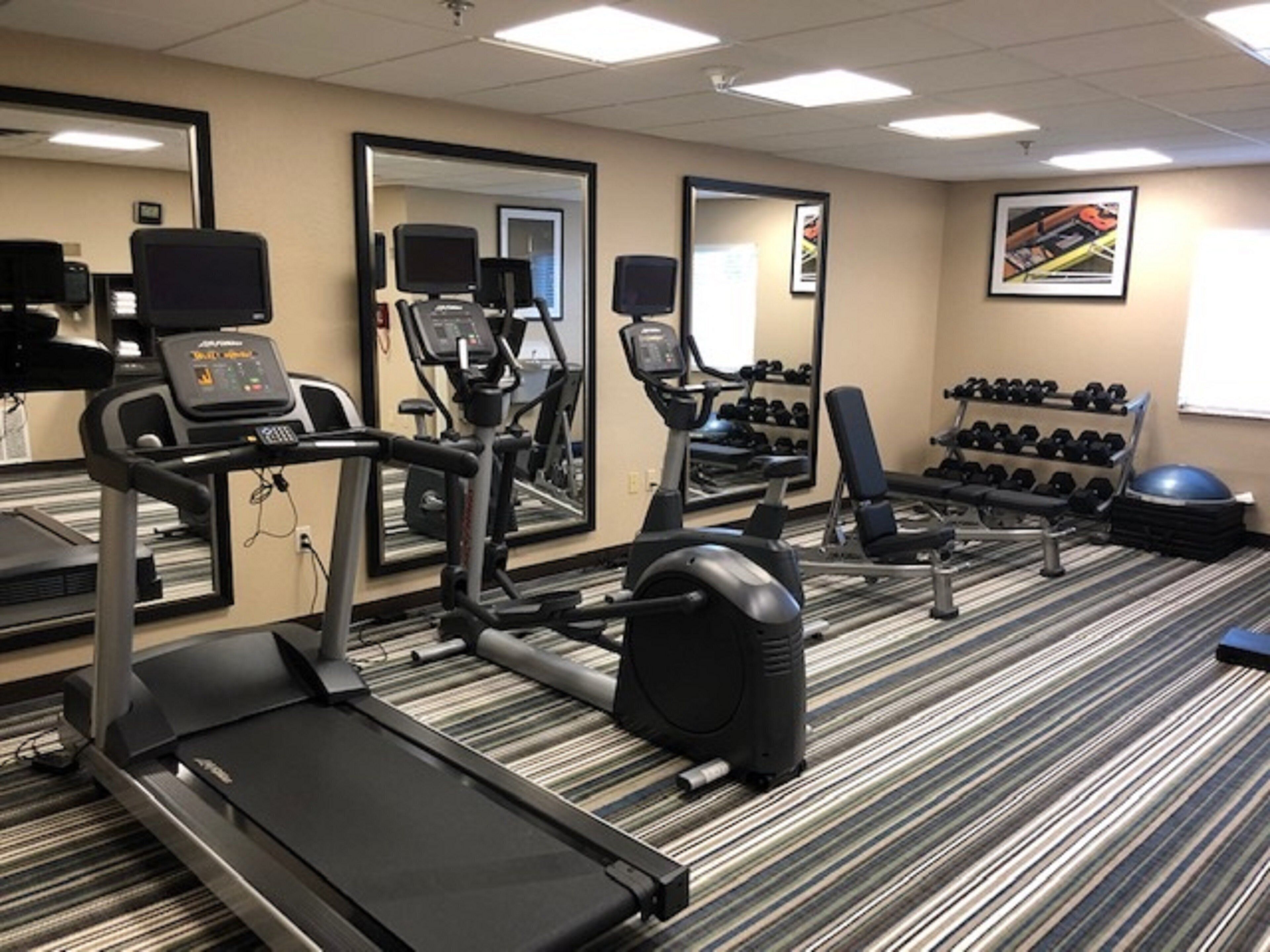 A gym with treadmills, elliptical machines, and free weights.