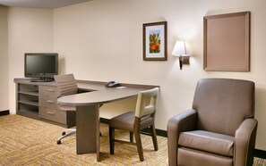 A hotel room with a desk, a chair, a television, a telephone, and a framed picture on the wall. - Candlewood Suites Dallas Plano East Richardson by IHG (Plano)