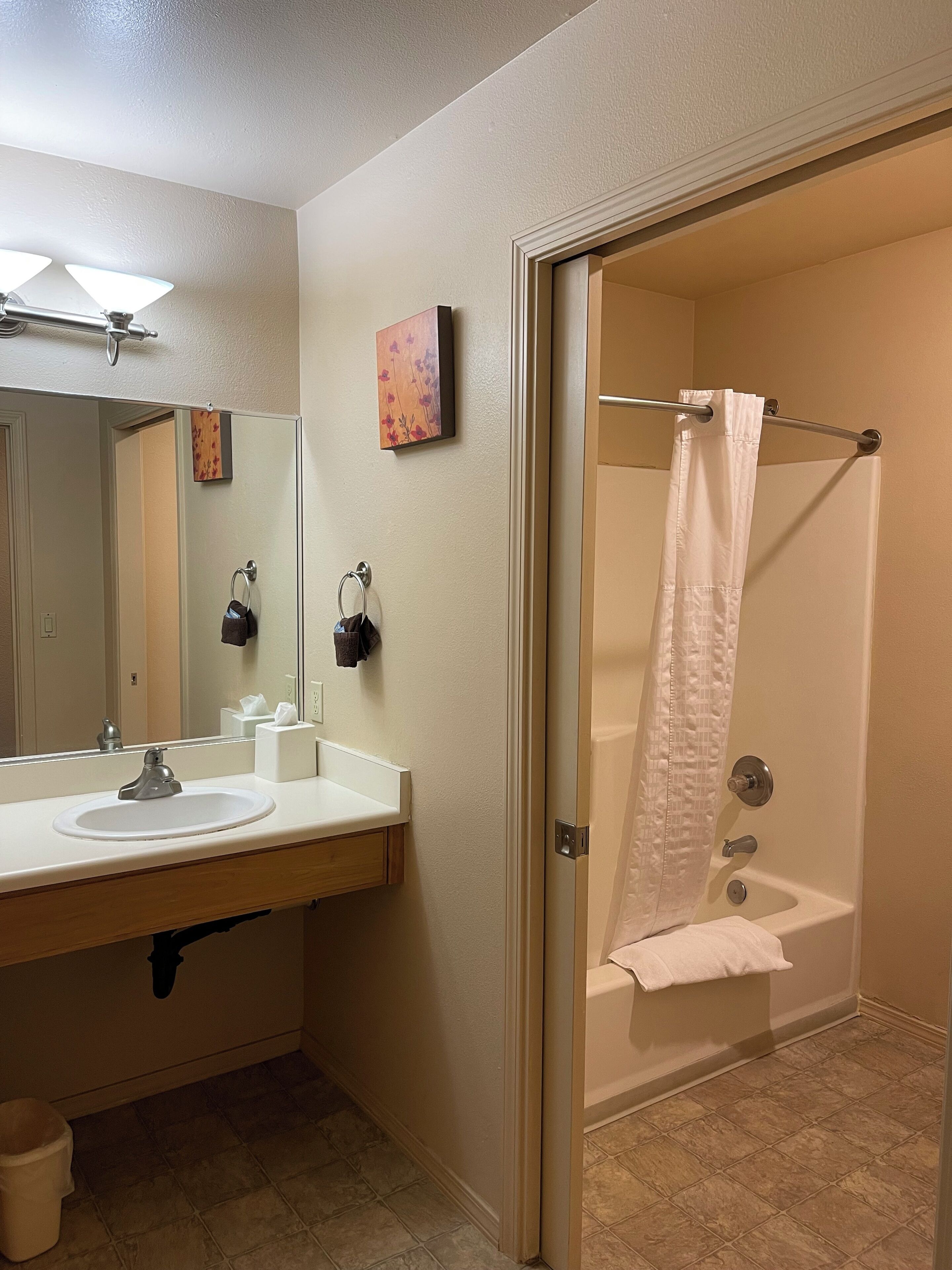 Une salle de bain équipée d’un lavabo, d’un miroir, d’un porte-serviettes et d’un rideau de douche.
