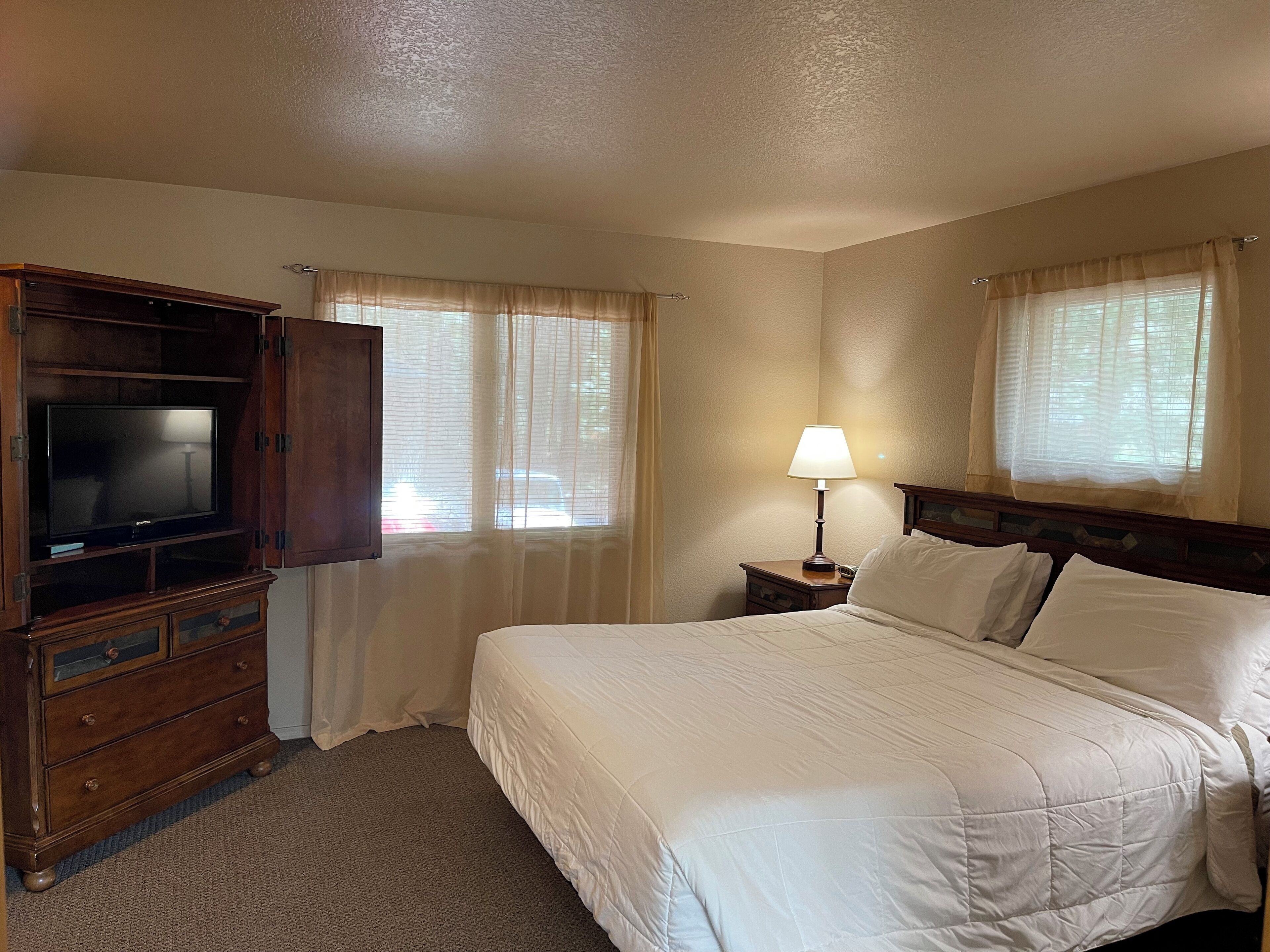 Habitación de hotel con cama, televisor sobre un mueble de madera, mesita de noche con lámpara y ventanas con cortinas traslúcidas.