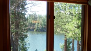 Una ventana con vista a un lago rodeado de árboles.