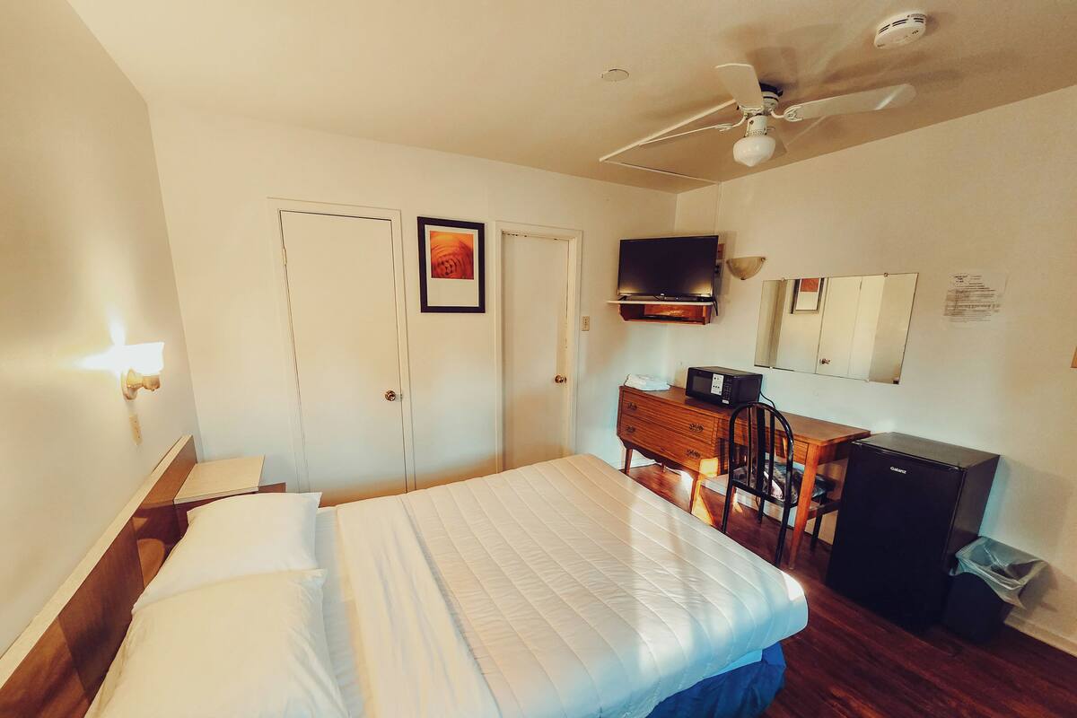 Una habitación de hotel con cama, escritorio, silla, televisión y ventilador de techo.