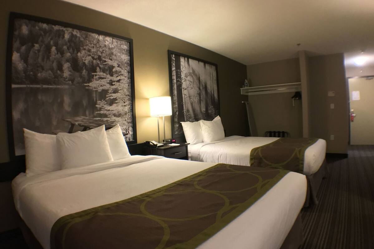 Quarto de hotel com duas camas, uma escrivaninha, uma lâmpada e um quadro na parede.