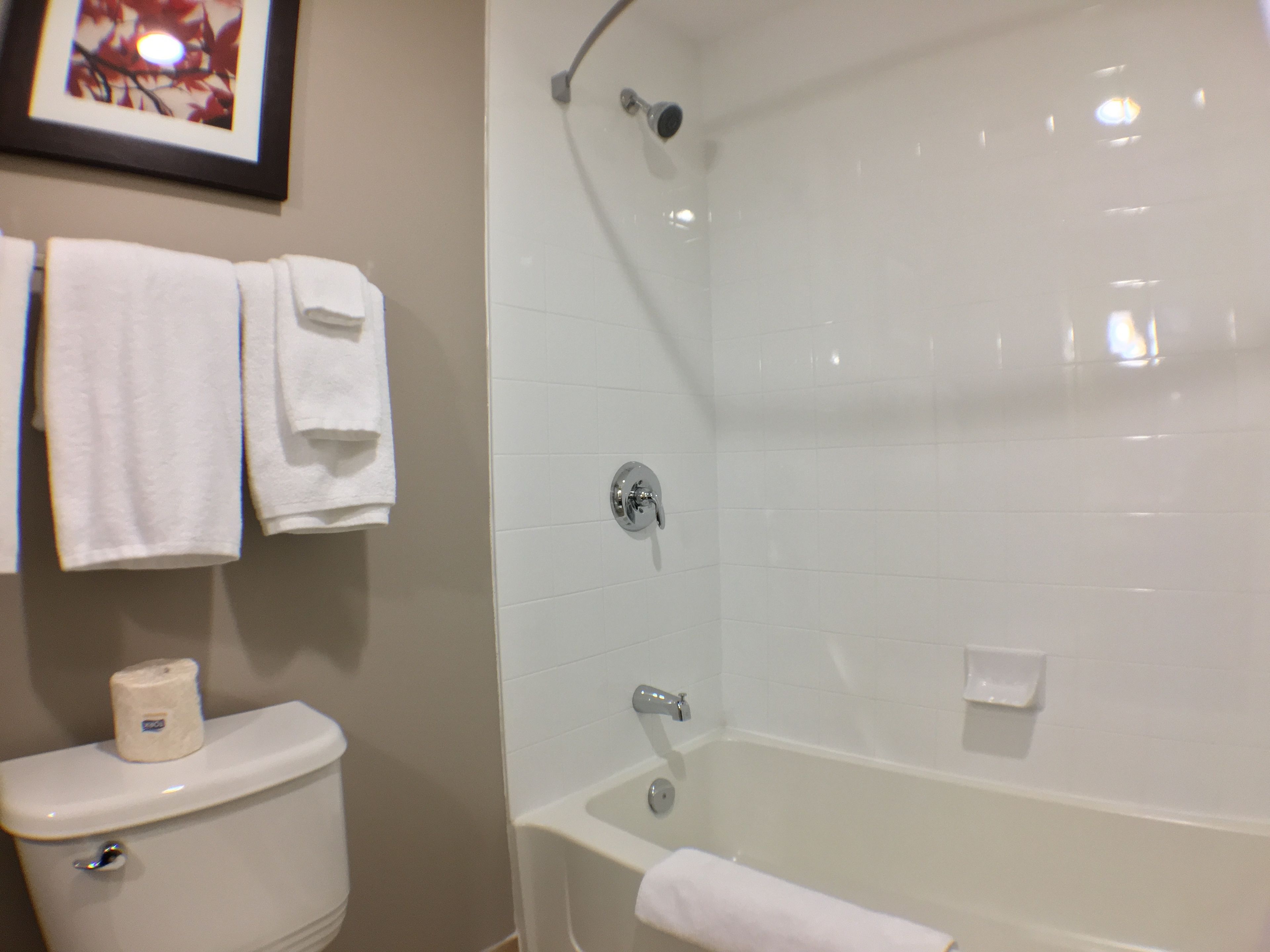 Un baño con inodoro, ducha y bañera. Hay toallas colgadas en la pared.