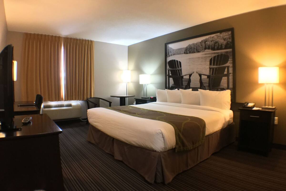 Quarto de hotel com uma cama grande, duas mesas de cabeceira, uma escrivaninha com cadeira, luminária de mesa, aquecedor e uma moldura grande com um quadro na parede.