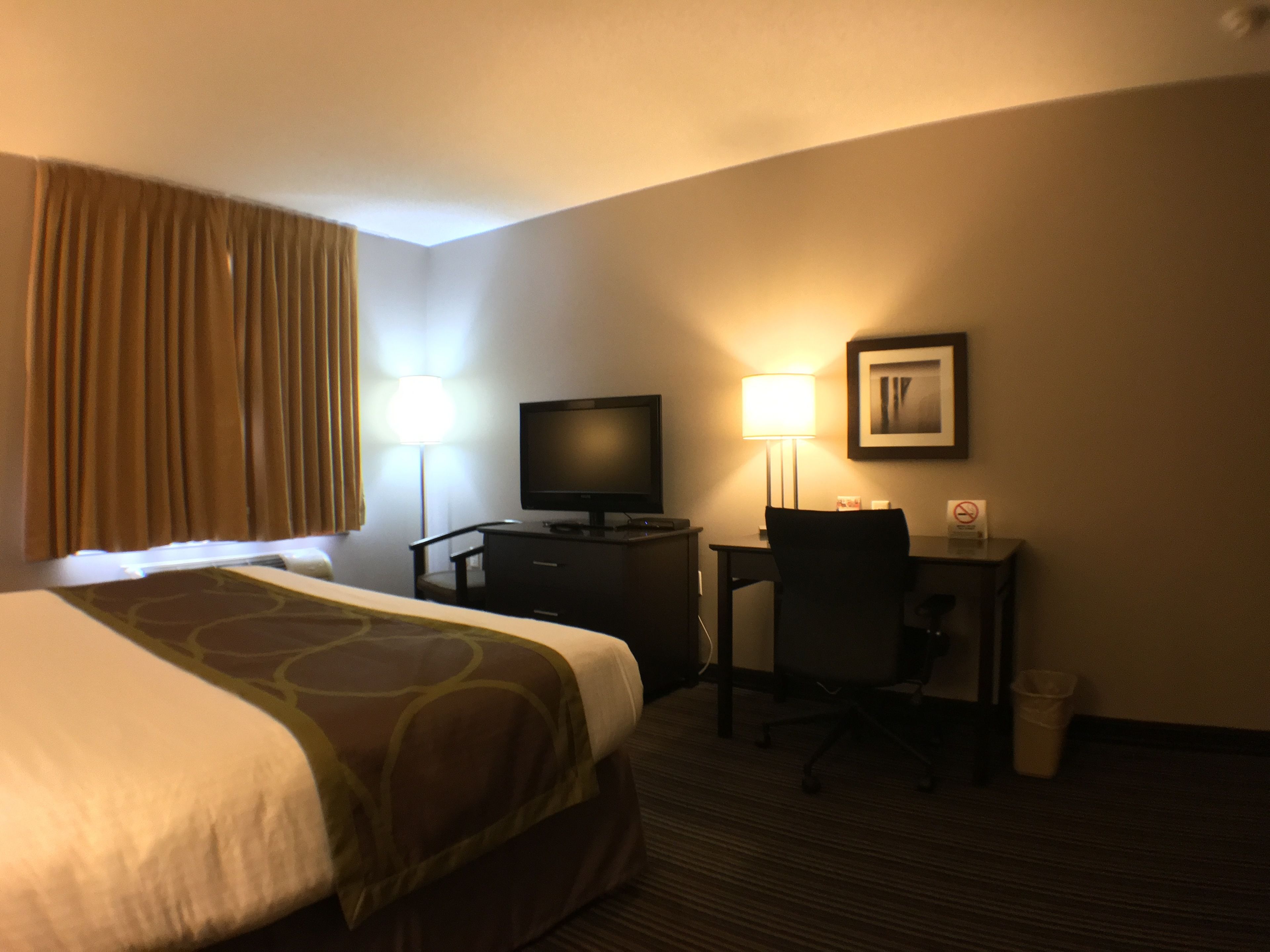 Habitación de hotel con cama, escritorio, televisión, silla, lámpara y un cuadro en la pared.