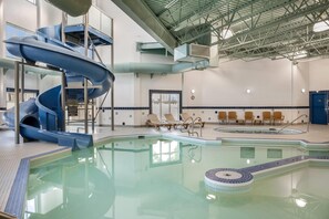 Indoor pool, open 8:00 AM to 10:00 PM, pool loungers