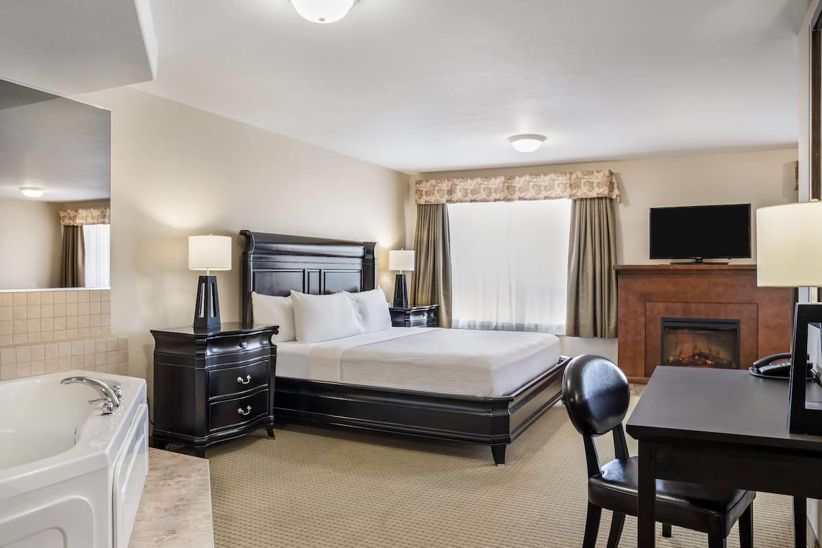 Une chambre d’hôtel avec un grand lit, un bureau, une chaise, une télévision, une cheminée et une salle de bain avec une baignoire.