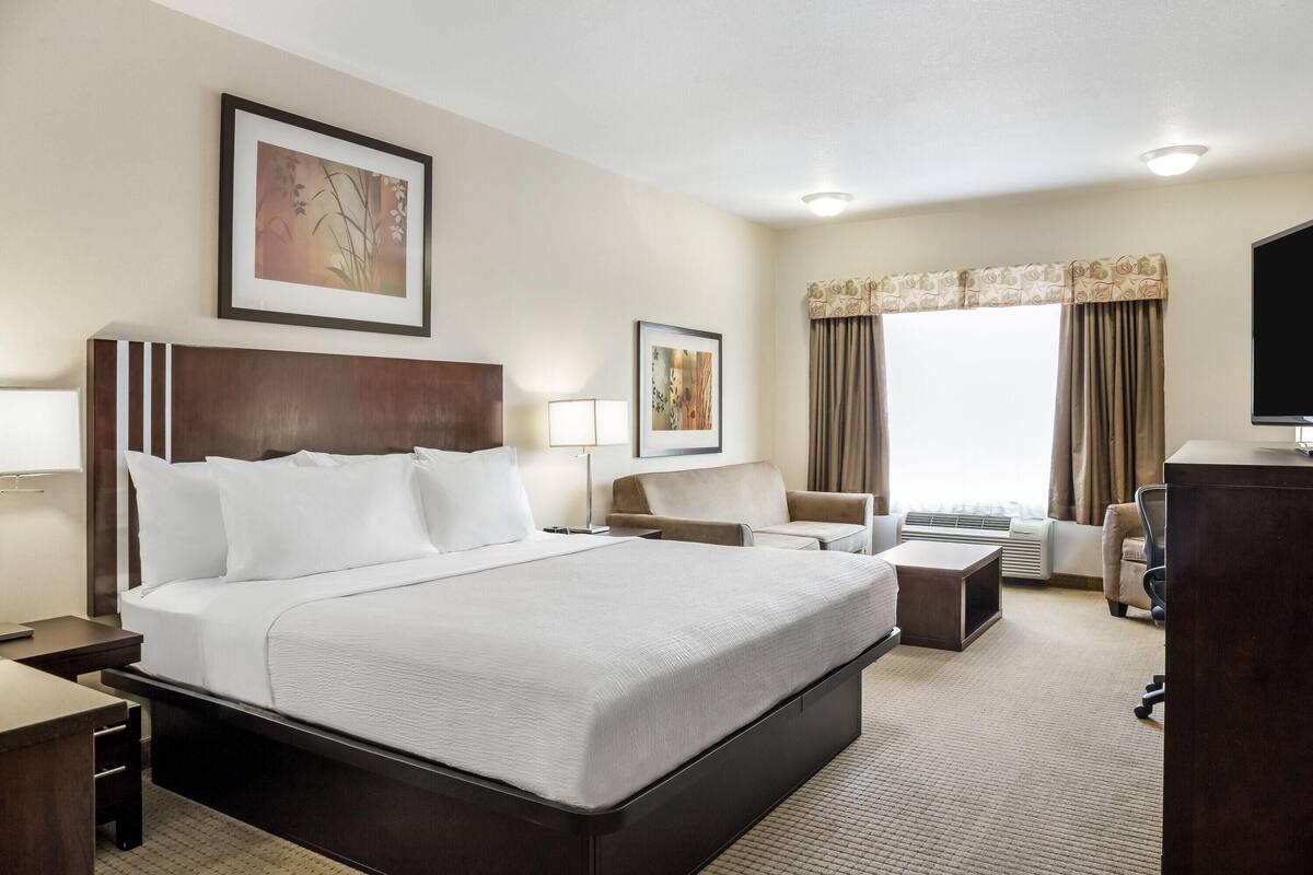 Une chambre d’hôtel avec un grand lit, un bureau, une chaise, une télévision et une fenêtre avec des rideaux.