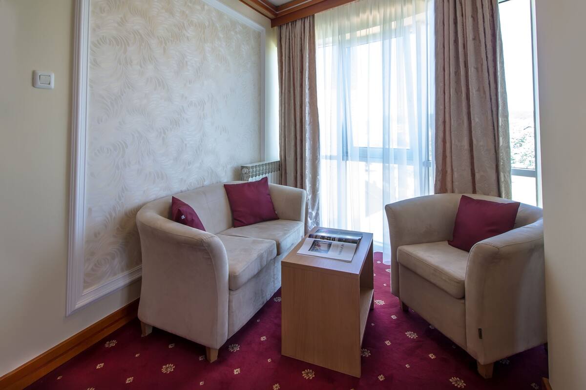 A room with two sofas, a coffee table, and a window with curtains.