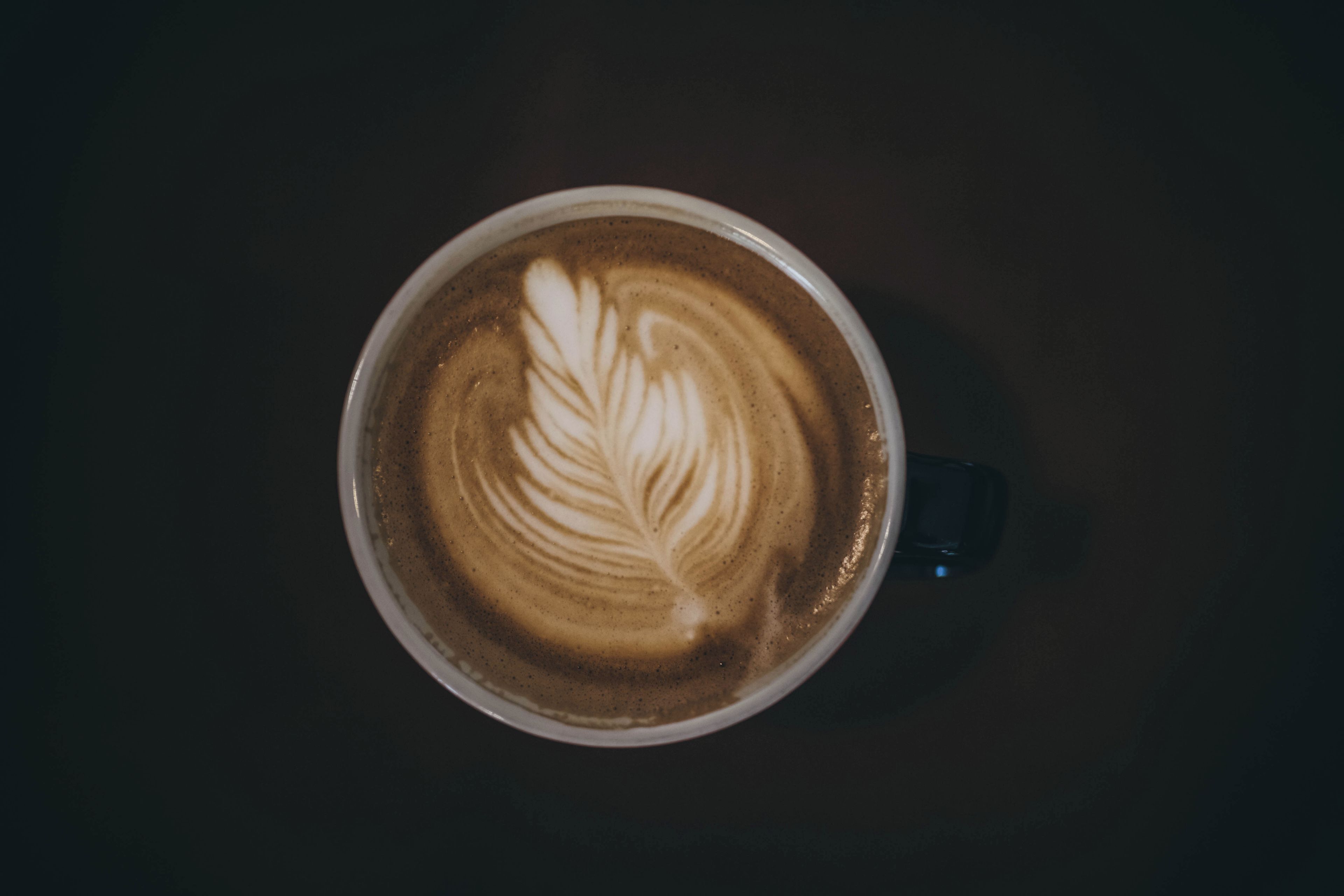 A cup of coffee with a leaf design on the surface.