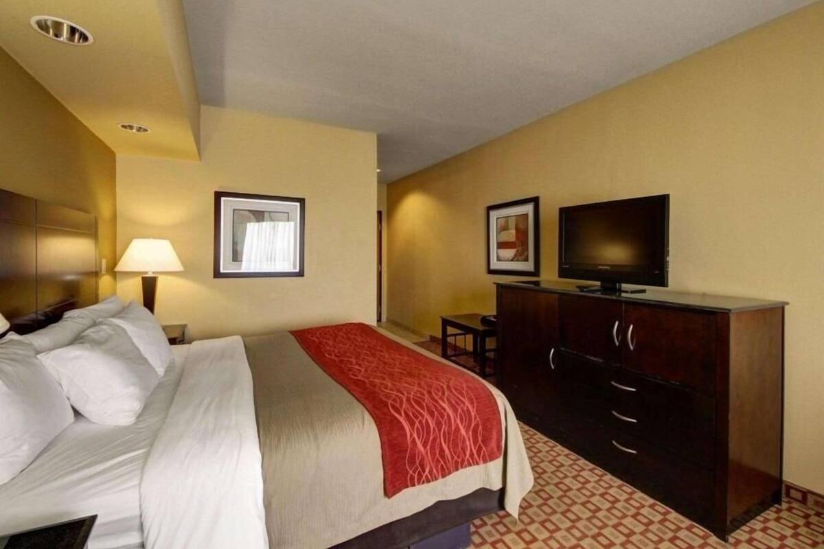 A hotel room with a bed, a television, a desk, and a dresser.