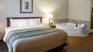 Habitación de hotel con una cama grande, una mesita de noche con lámpara, un cuadro en la pared y un baño separado con bañera.