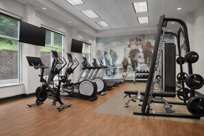 A gym with exercise equipment, large windows, and a mural. - Embassy Suites by Hilton Birmingham Hoover (Birmingham)