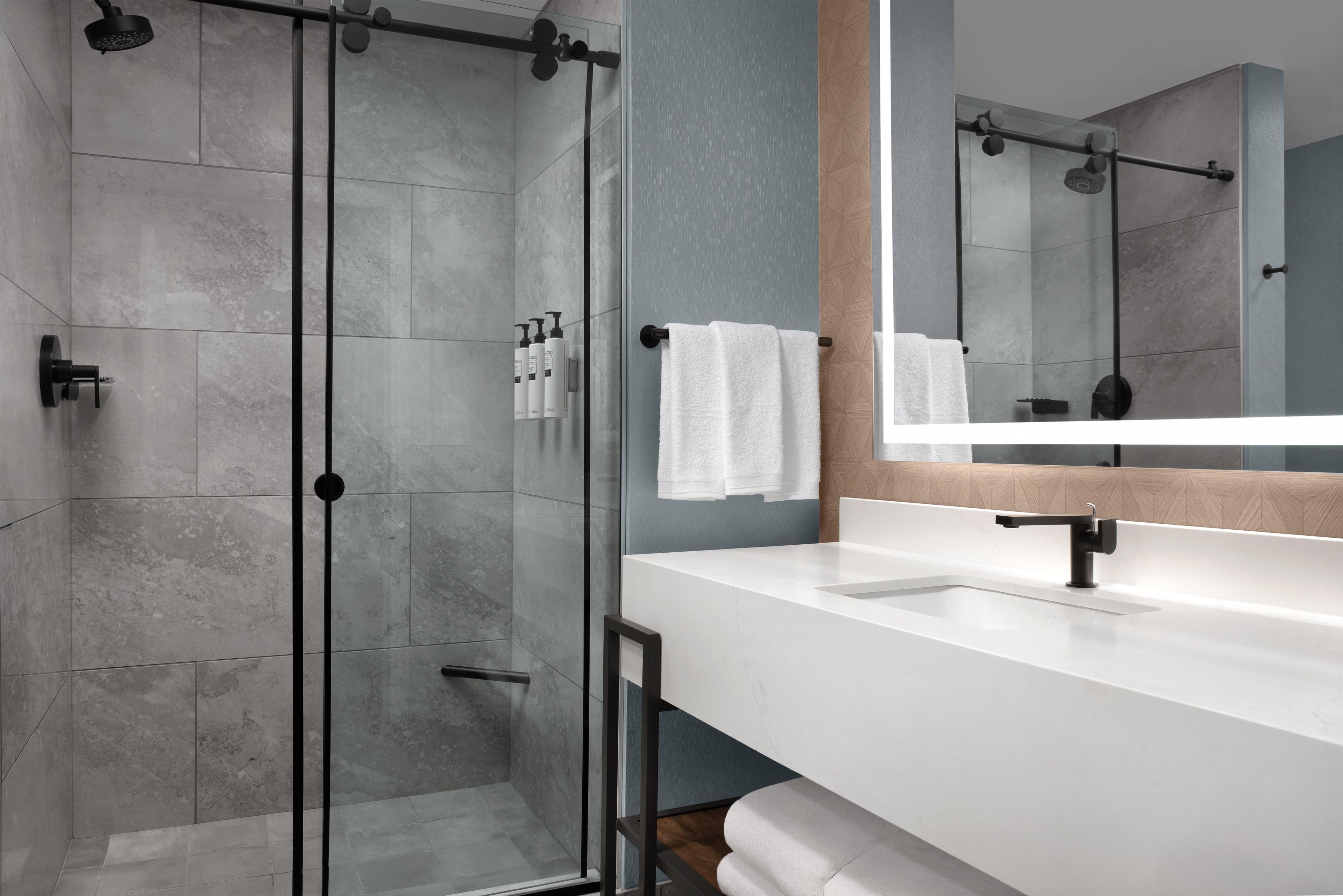 A modern bathroom with a glass shower enclosure, a white sink, and a large mirror.