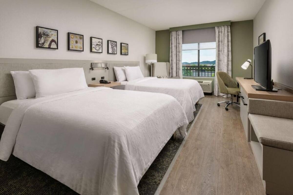 A hotel room with two beds, a desk, a chair, a TV, and a window with a view.