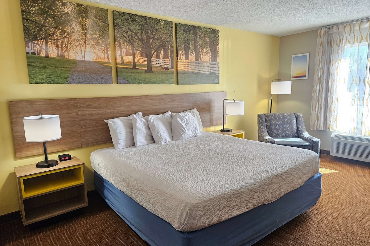 Een hotelkamer met een groot bed, een nachtkastje met een lamp, een stoel en een schilderij aan de muur.