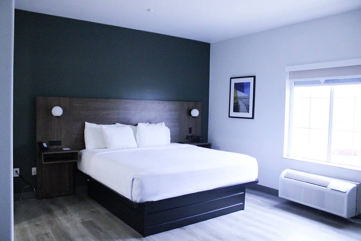 A modern hotel room with a large bed, dark wood headboard, bedside tables, a framed picture on the wall, and a window with blinds.