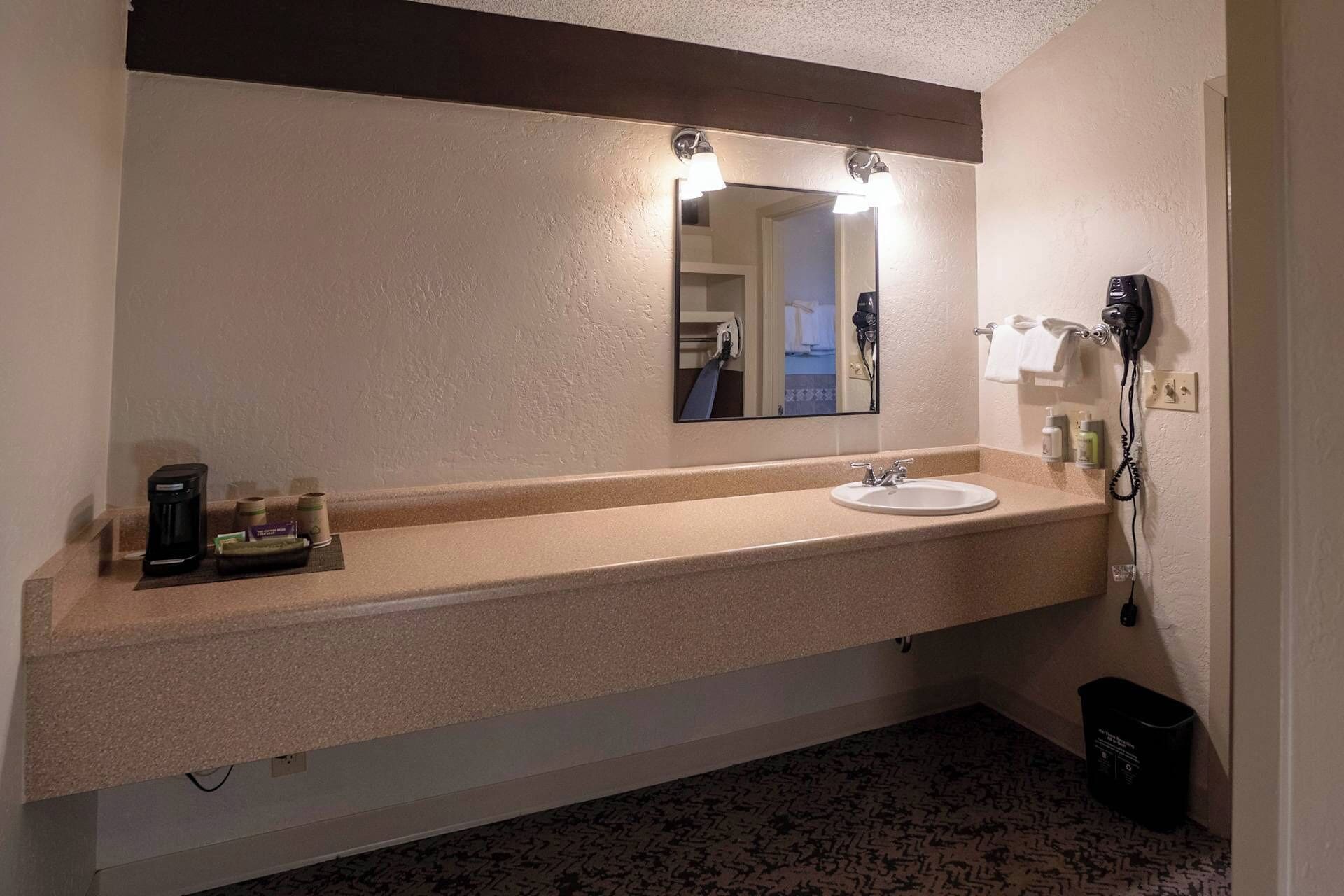 A bathroom with a sink, mirror, and hairdryer.
