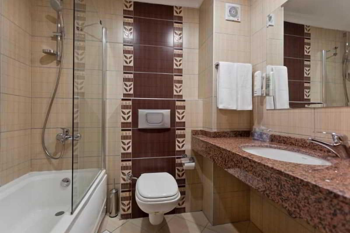 A bathroom with a glass-enclosed shower, a toilet, and a sink with a granite countertop.