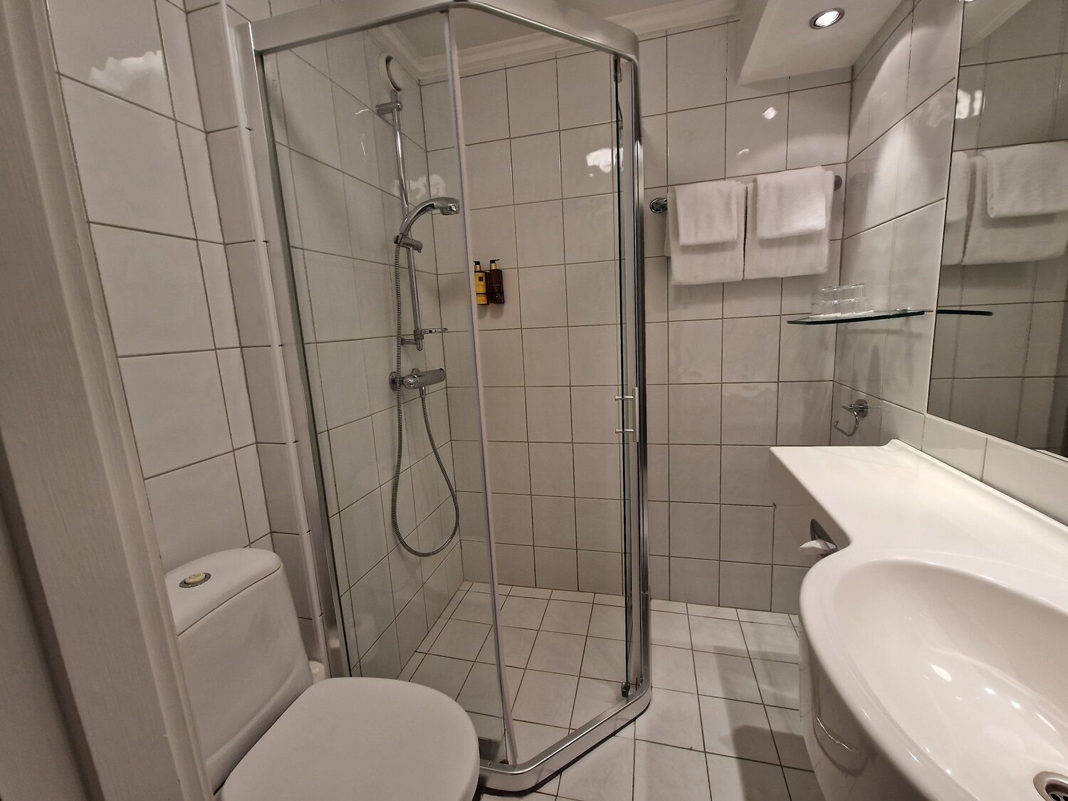 A modern bathroom with a glass-enclosed shower, a white toilet, and a sink with a mirror above it.