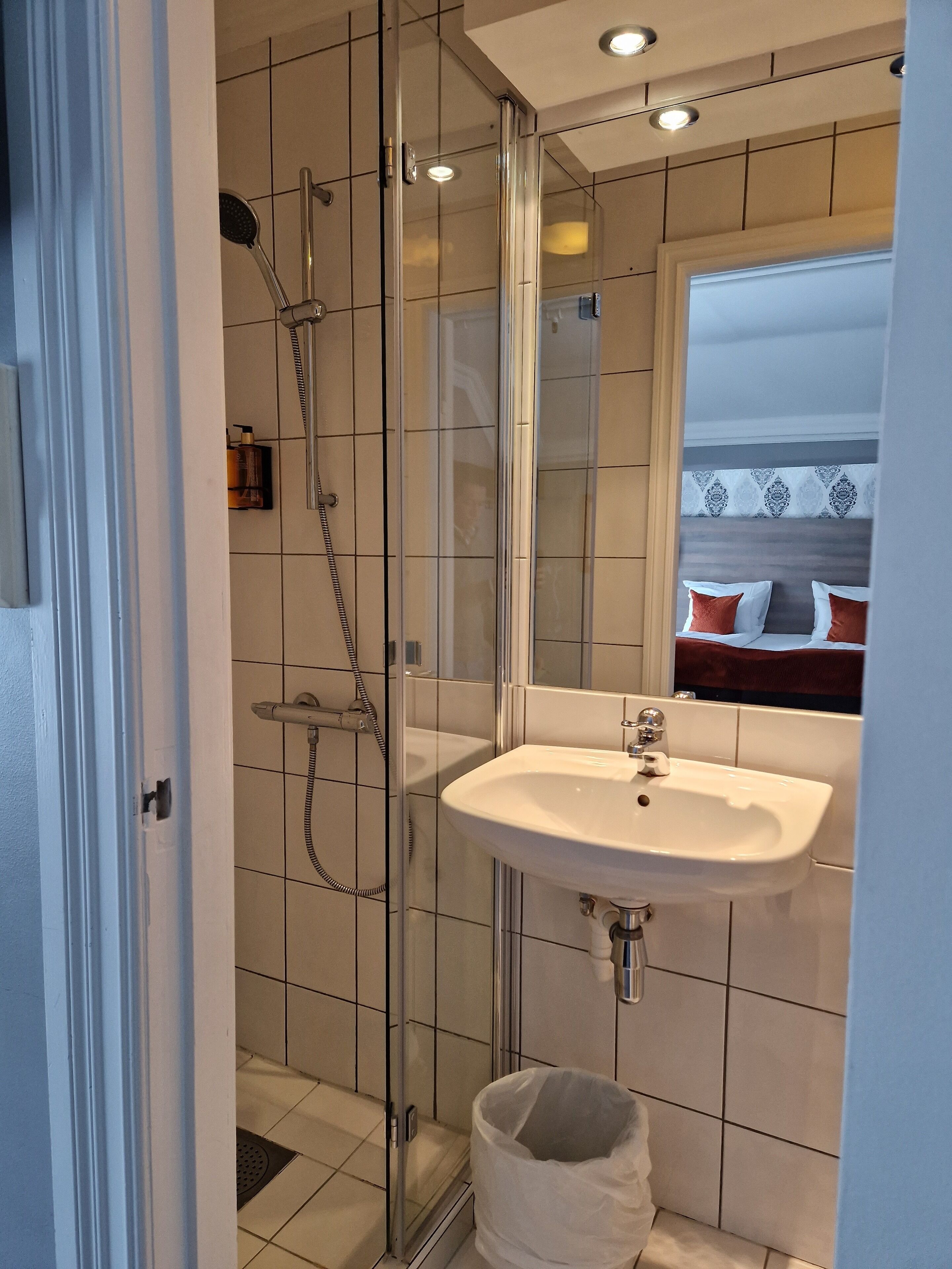A modern bathroom with a glass-enclosed shower, a white sink, and a visible trash bin.