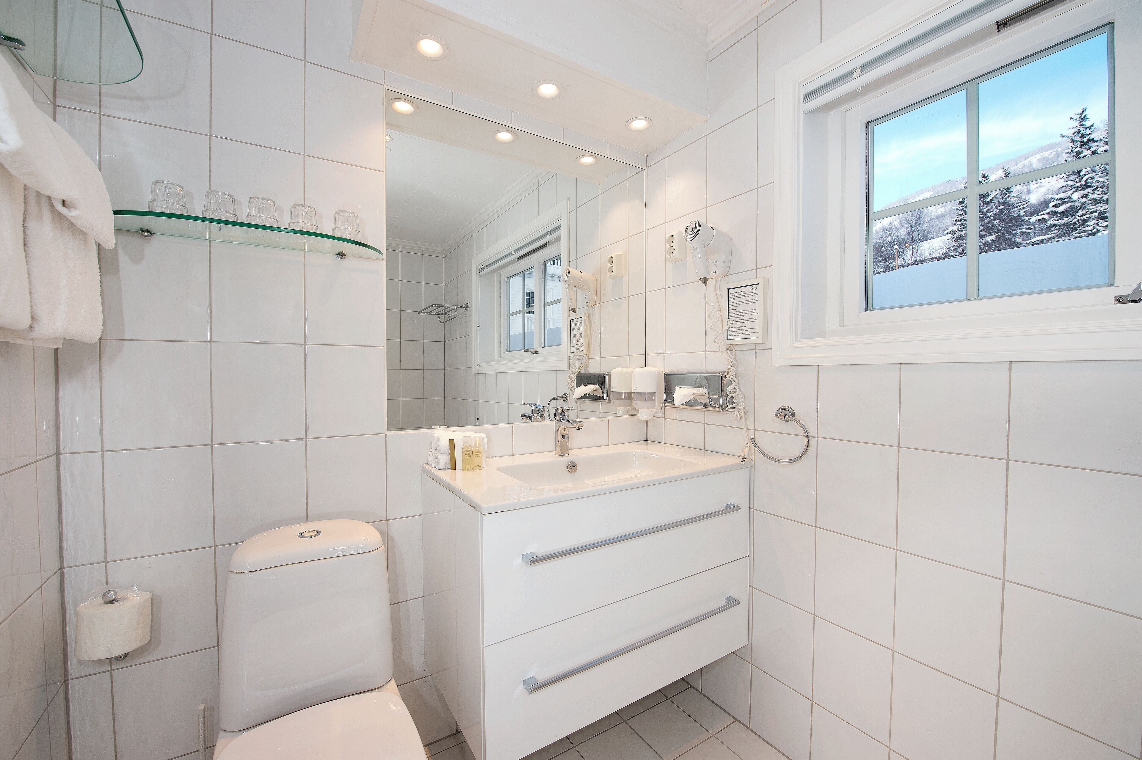 Une salle de bain moderne équipée de toilettes, d’un lavabo et d’un miroir. Une fenêtre offre une vue sur les arbres et un paysage enneigé.